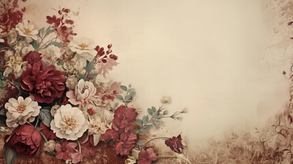 Beige texture with a vintage feel with beautiful flowers drawn on the side.