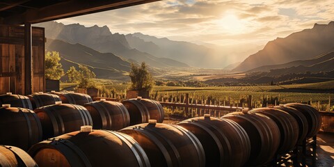 Beczki leżakujące w winiarni z widokiem na piękne tereny górskie. 
