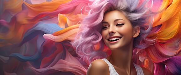 Piękna kobieta z różowymi włosami na tęczowym tle. 