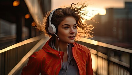 Dziewczyna w słuchawkach biegnąca po moście w mieście.  - obrazy, fototapety, plakaty