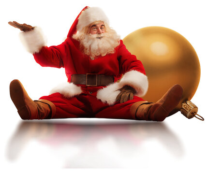 Papai Noel com fundo transparente e bola dourada de natal. 