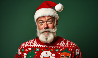 Studio portrait of a trendy Father Christmas character wearing a festive christmas ugly jumper - obrazy, fototapety, plakaty