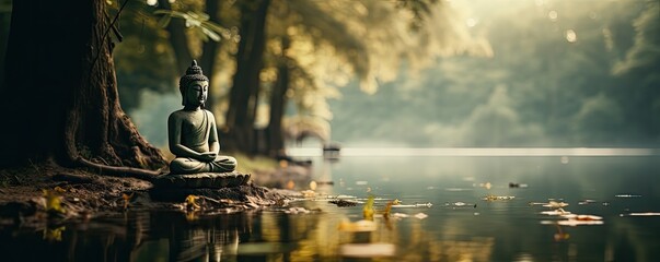Figurka buddy stojąca nad spokojnym jeziorem przy antycznej świątyni.  - obrazy, fototapety, plakaty
