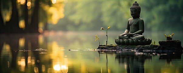 Figurka buddy stojąca nad spokojnym jeziorem przy antycznej świątyni. 