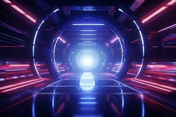 Futuristic stage with neon-lit tunnel, laser beams, and cyber grunge reflections in an underground garage. Generative AI