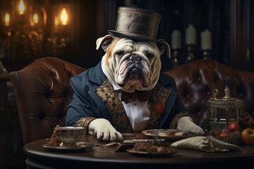 Bulldog w garniturze siedzący w angielskim barze.  - obrazy, fototapety, plakaty