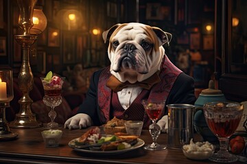 Bulldog w garniturze siedzący w angielskim barze. 