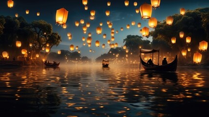 A summer festival with lanterns floating down a river.