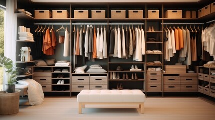 Modern walk in wardrobe with clothes hanging on rods, Dressing room, Shelves and drawers.