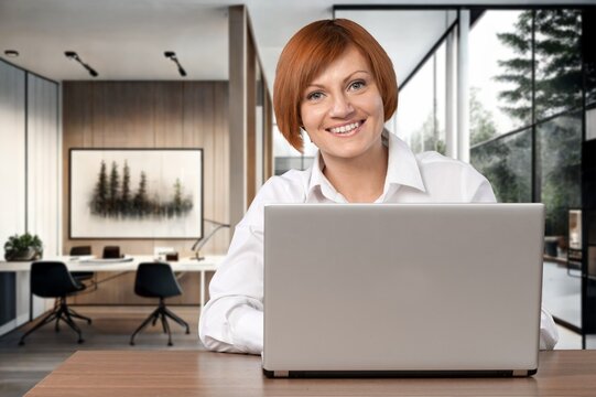 Cheerful businesswoman working in modern office, AI generated image