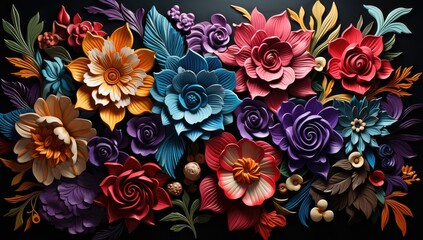 Ornamenty florystyczne w kształcie kolorowych kwiatów. - obrazy, fototapety, plakaty