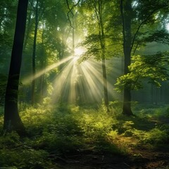 Obraz premium A forest in the early morning with sunlight. Generative AI