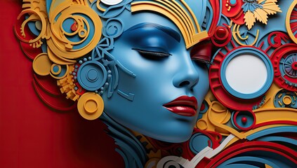 Abstrakcyjny obraz przedstawiający twarz pięknej kolorowej kobiety.  - obrazy, fototapety, plakaty