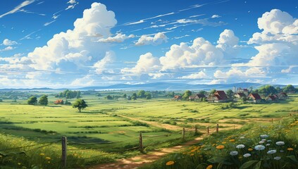Piękny poranek na wiejskich polach. Ilustracja w stylu anime.  - obrazy, fototapety, plakaty