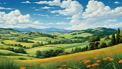 Ilustracja przedstawiająca zielone łąki i niebieskie niebo w stylu anime.  - obrazy, fototapety, plakaty