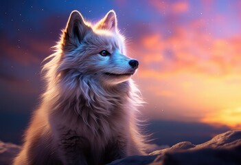 Majestatyczny biały lis o zachodzie słońca. 