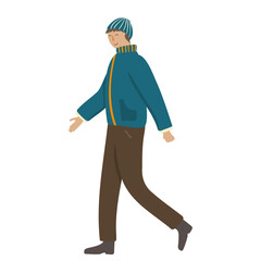 Male cartoon character walking wearing warm clothes. Cheerful man in jacket and beanie hat going outdoors. Hand drawn flat vector illustration. Cold autumn winter season
