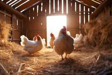 A chicken coop with hay and straw everywhere from the inside. - obrazy, fototapety, plakaty
