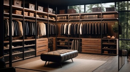 Interior of a luxury male wardrobe full of expensive suits, shoes and other clothes.