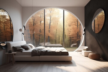 Luxuriously decorated futuristic bedroom. Photorealistic image. Bright natural lighting. 