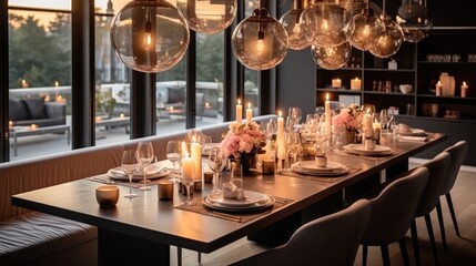 A birthday dinner in a luxurious and well designed apartment. - obrazy, fototapety, plakaty