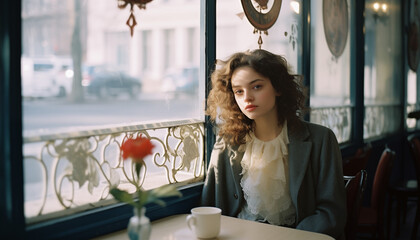 Retro Cafe Scene with a Pensive Young Lady