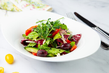 salad of greens, lettuce leaves, cucumbers, pink onions, side view