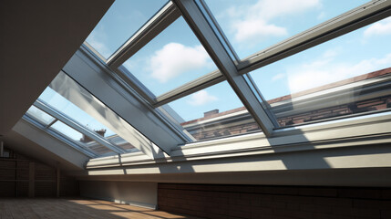 Dormer wooden window in the white sloping ceiling overlooking the blue sky. Sunlight enters the room through closed window