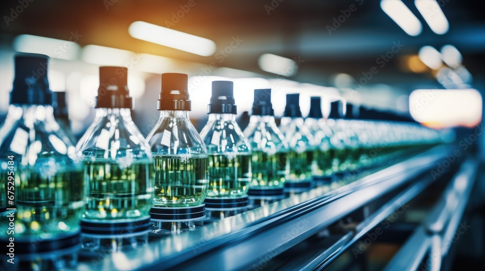 Poster empty bottles on assembly line in a manufacturing facility.