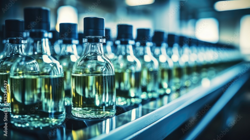 Poster empty bottles on assembly line in a manufacturing facility.