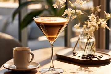 Espresso martini in a coupe glass on a light beige table and setting with sunlight and woody elements in the background. - obrazy, fototapety, plakaty