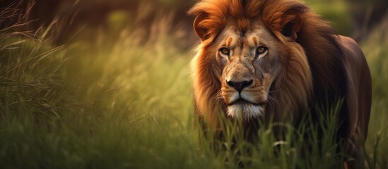 While on vacation in Africa I came across a majestic adult lion with a beautiful mane and a fierce face roaming freely in the African jungle surrounded by the lush green grass of the vast n - obrazy, fototapety, plakaty