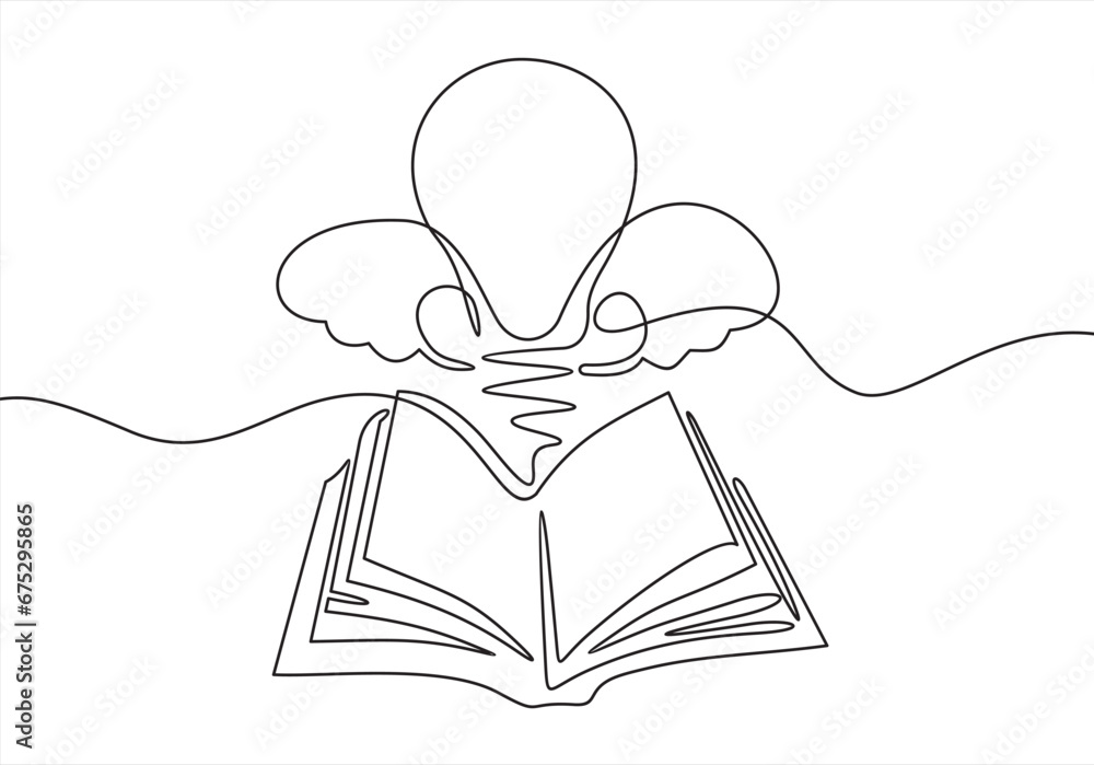 Poster one single line drawing of shining light bulb above open text book logo identity. knowledge study cl