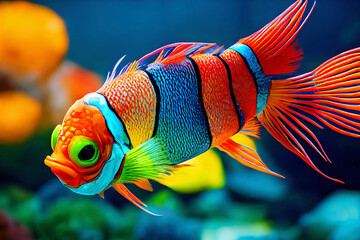 Bright orange beautiful fish swims underwater. Striped colorful realistic fish - 675295847