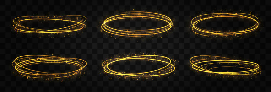 Light effect lines gold. Glowing light fire ring trace. Magic fire circles swirls on transparent background.