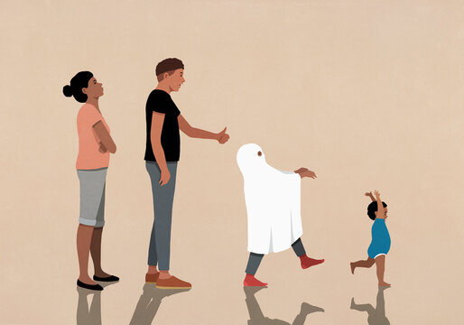 Parents watching daughter in ghost costume chase baby son

