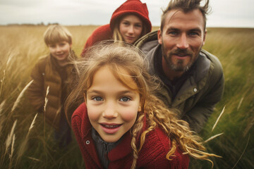 Photo of family walking in grass in summer