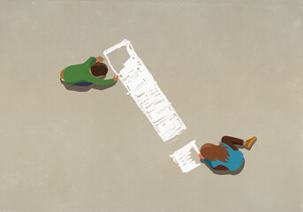 View from above children coloring exclamation mark with sidewalk chalk
