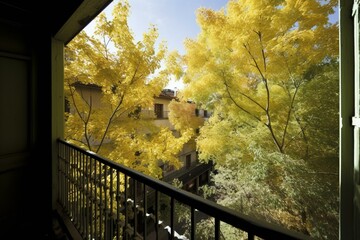 A view of a balcony with foliage and clear sky, viewed from an apartment window. Generative AI