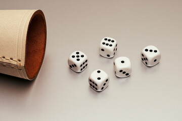Still life five white dice and leather cup on white background

