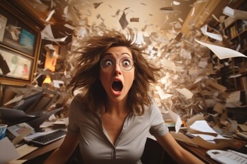 A middle aged woman at her office desk, Shocked as her organized set up turns into a chaotic mess. - obrazy, fototapety, plakaty