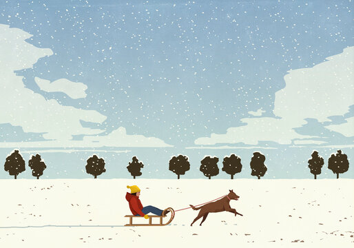 Dog running, pulling girl on sled in snowy winter park

