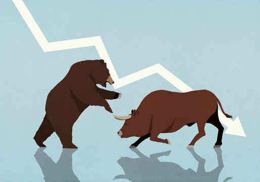 Bull and bear fighting under falling stock market arrow
