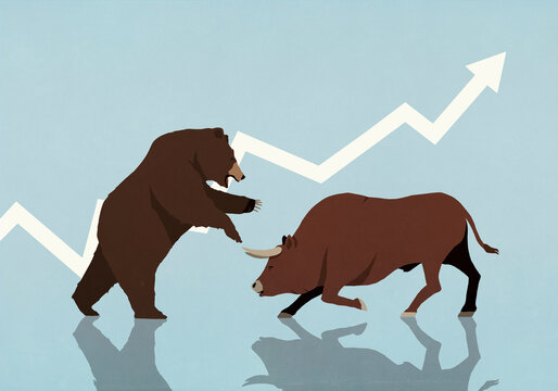 Bear and bull market fighting in front of ascending stock market arrow on blue background
