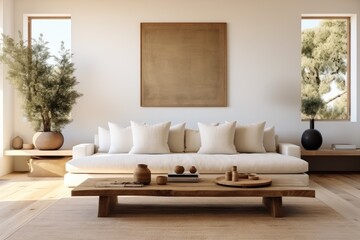 Living room with wood platform couch, Minimalist, Light and bright.