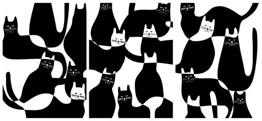 Hand drawn set of black and white cats silhouettes in different poses, abstract illustration poster.