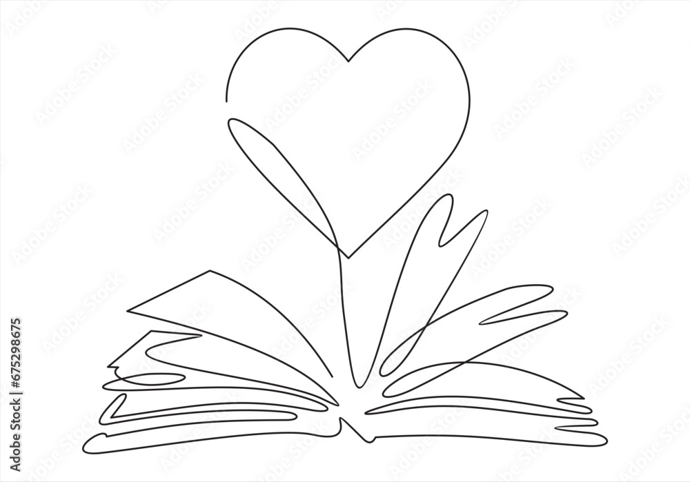 Poster open book and heart, continuous line vector illustration. one line vector drawing of a book and a he