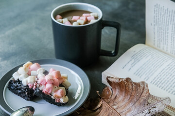 Hot chocolate or cocoa with marshmallows, rocky road brownies on a plate and a book on top of stone grey background