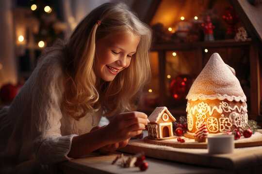 Young beautiful teenage blond white girl makes gingerbread house in evening on Christmas Eve. Sweet tasty gift for Santa Claus. Bokeh lights. Concept of family holiday, winter vacation. Generative AI