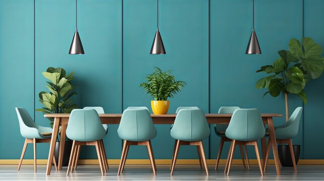Stylish Modern Dining Room with Teal Chairs and Elegant Pendant Lighting in Blue Interior